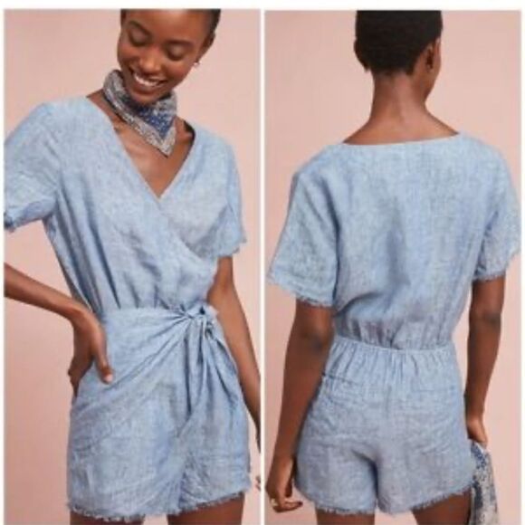 Sanctuary by Anthropologie Denim Chambray Romper Size Small Ties at Waist - Picture 1 of 6